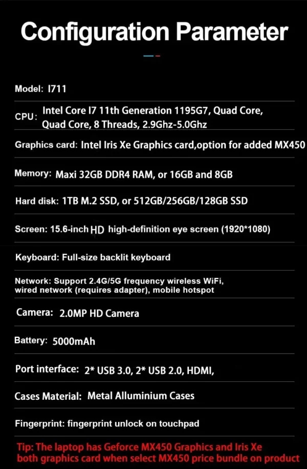 NVIDIA MX450 i7 1195g7 DDr4 32G RAM 2 to SSD ordinateur Portable 15.6 pouces ordinateur Portable Core Window11 Pro 1920*1080 écran Portable ordinateur de jeu – Image 8