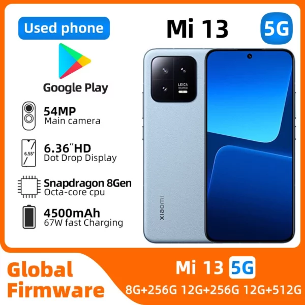 Xiaomi-Smartphone Mi 13, Android, 5G, 6.36 ", 12 Go de RAM, 256 Go de ROM, Dean, débloqué, toutes les couleurs, en bon état, original, d'occasion