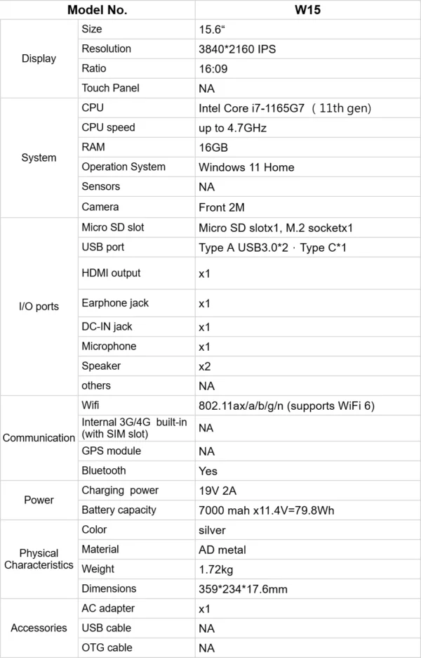 PiPO W15 15,6 pouces vente en gros I7 11e génération ordinateur portable 4k HD Windows 11 ordinateur portable en ligne pour les entreprises et la conception – Image 9