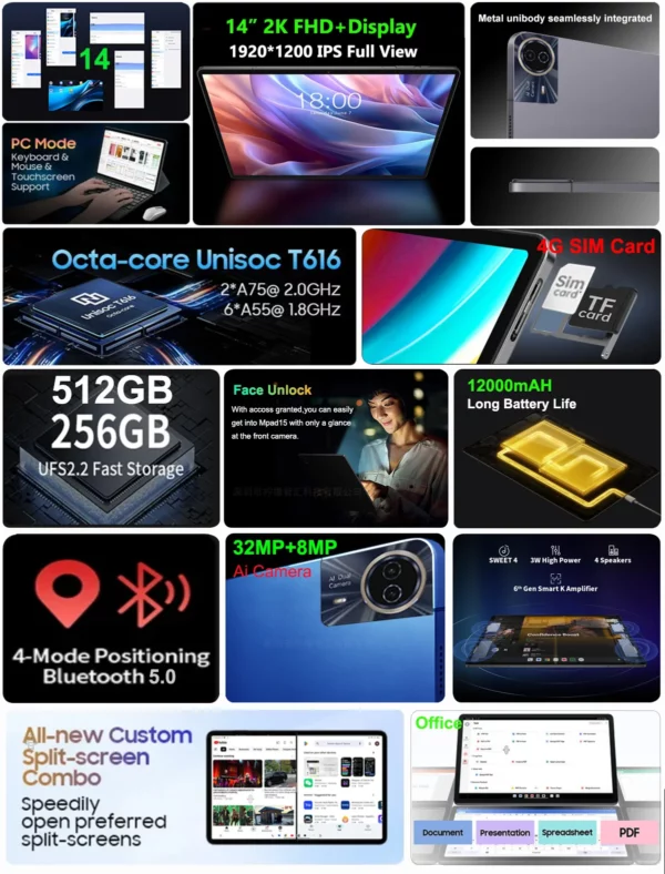 2025 nouveau 14 pouces grand écran Android 14 tablette PC 16gb + 512GB appel téléphonique 5G WIFI enfants Pad tablette pour classe éducative en ligne – Image 15