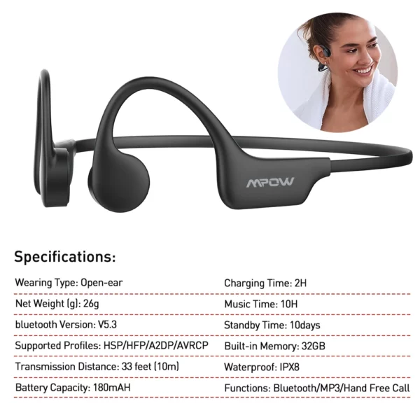 Mpow X6 Pro casque à Conduction osseuse sans fil Bluetooth 5.3 étanche IPX8 casque de sport professionnel intégré 32GB de mémoire – Image 11