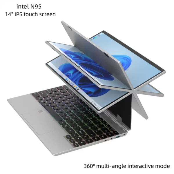 Ordinateur portable N95 Windows 11, rotation à 360 °, 14.0 en effet, écran tactile IPS, 32 Go, 128 Go-1 To, ordinateur portable, tablette 4 en 1, bureau d'affaires, Slim Touch ID, RVB – Image 2