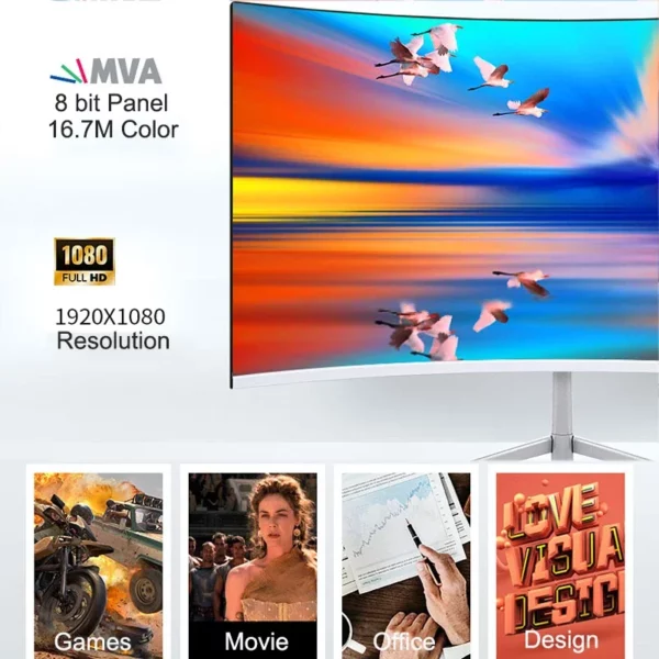 Écran incurvé d'ordinateur Gaming MVA FHD 24/27 P, 1080 pouces, 75Hz, 2800R HDMI/VGA DCR, protection des yeux, VESA 100x100, réponse 2ms – Image 4