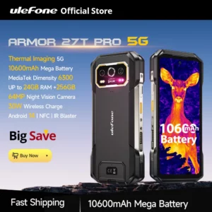 Téléphone robuste Ulefone Armor 27T Pro 5G 10600mAh Smartphone Android 14 50MP + 64MP Caméra nocturne 6,78" 120Hz 24GB + 256GB NFC Téléphone portable