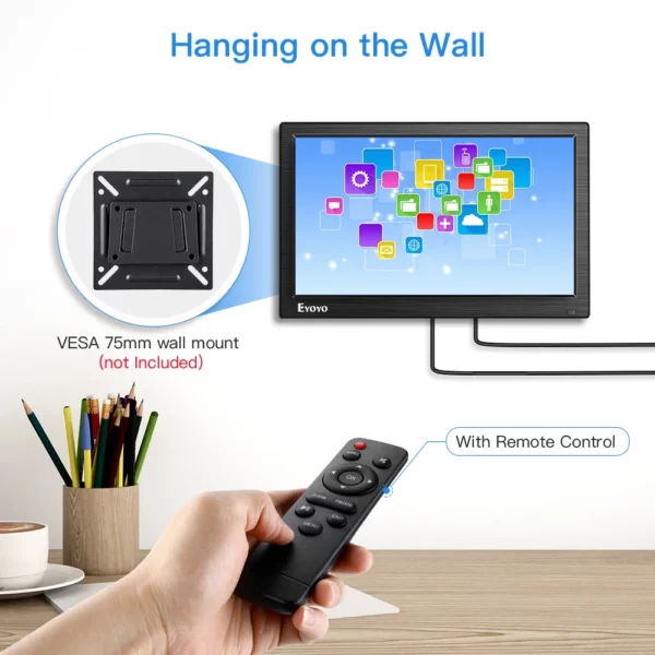Eyoyo-Petit moniteur de bureau, écran de sécurité CCTV LCD 12 ", résolution 1366x768, haut-parleurs touristes, VGA, BNC, AV, entrées USB – Image 12