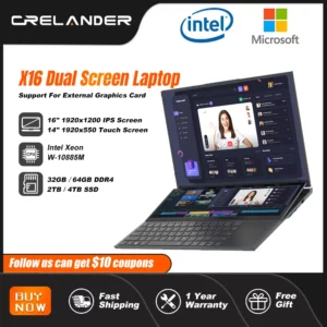 CRELANDER Ordinateur portable à double écran Intel 10e génération Windows 11 à écran tactile pour jeux PC portable Ordinateur portable portable