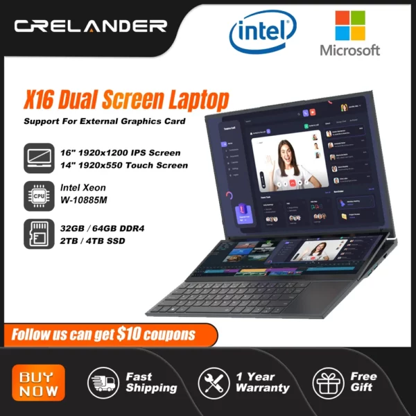 CRELANDER Ordinateur portable à double écran Intel 10e génération Windows 11 à écran tactile pour jeux PC portable Ordinateur portable portable