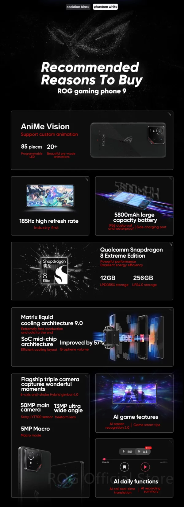 Première mondiale ASUS ROG Phone 9 5G Smartphone Snapdragon 8 Elite 6.78 ''185Hz AMOLED Display ROG 9 Pro 5800mAh NFC téléphone portable – Image 22