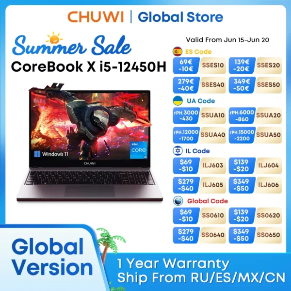 CHUWI CoreBook X Intel Core i5 12450H ordinateur portable de jeu 14 pouces 2160x1440 résolution 16GB RAM 512GB SSD WiFi6 Windows 11 ordinateur PC