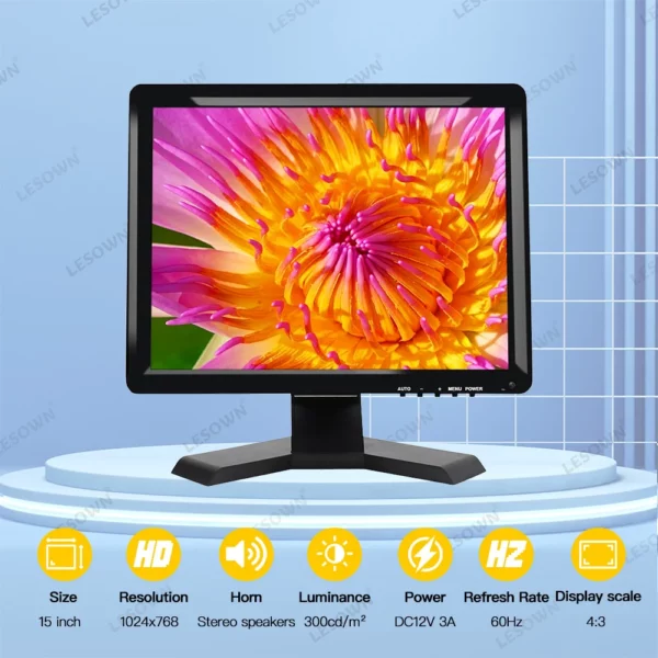 LESOWN-Moniteur à écran tactile LCD industriel, écran externe pour ordinateur de bureau, interface VGA uniquement, HD 1024x768, 15 pouces – Image 11