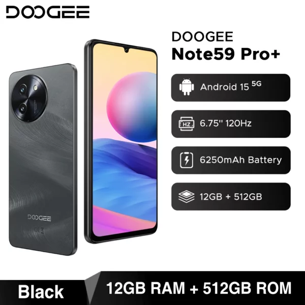 DOOGEE Note59 Pro + 5G Smartphone Android 15 Version mondiale 6250mAh batterie 6.75 ''120Hz affichage 12GB 512GB téléphone portable NFC – Image 9