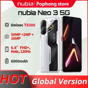 Smartphone Nubia Neo3 5G, Version mondiale originale, Unisoc T8300 octa-core 2.2GHz 6.8 fHD + trou, 120Hz 2030*900, 50M 16M 6000mA