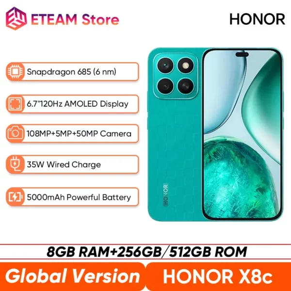 HONOR X8c – Smartphone Snapdragon 695, Version mondiale originale, écran AMOLED 6.7 pouces, 120Hz, batterie 5000mAh, Charge 35W, caméra 108MP