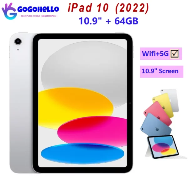 Apple-Tablette d'occasion déverrouillée d'origine, iPad 10 (2022) 10e Isabel, 10.9 pouces, 64 Go, WiFi, Cellular 5G, Face ID, 12MP, 95% similaire à neuf