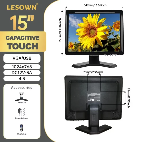 LESOWN-Moniteur à écran tactile LCD industriel, écran externe pour ordinateur de bureau, interface VGA uniquement, HD 1024x768, 15 pouces – Image 8