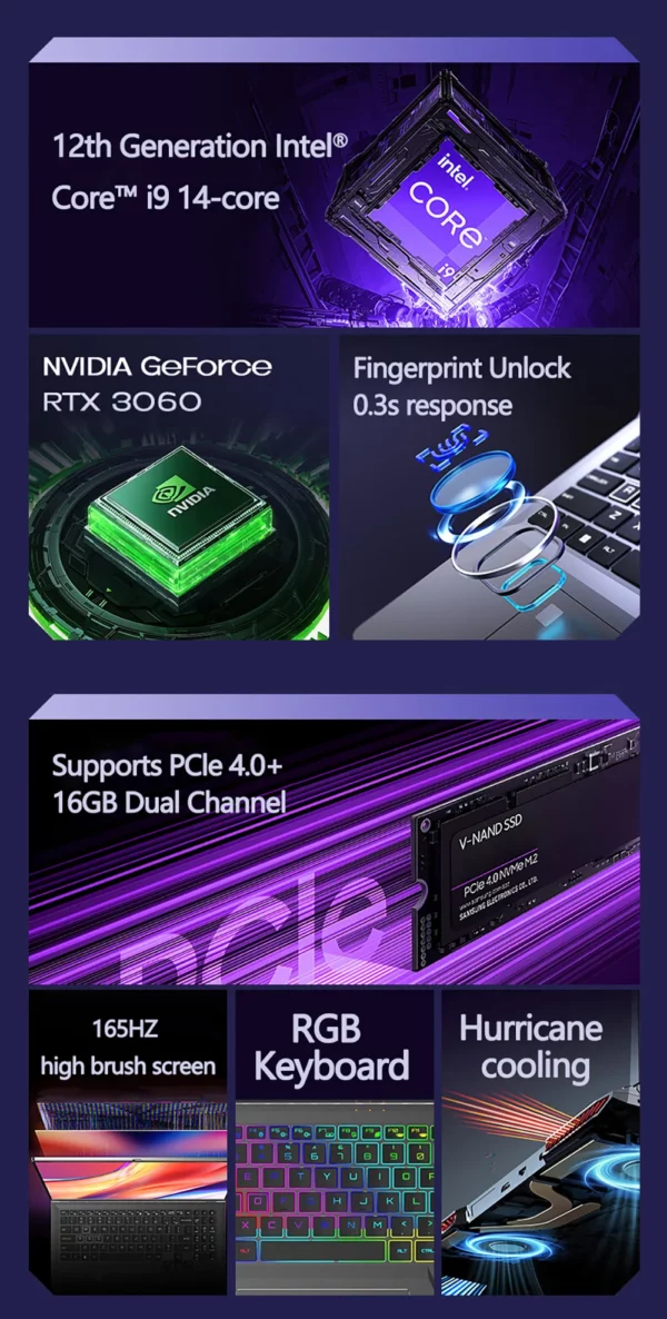 Ordinateur Portable de jeu 16 pouces Intel Core i9-12900H NVIDIA RTX 3060 6G Windows 11 64GB DDR4 4TB SSD WiFi5 BT5.2 Portable caméra HD ordinateur Portable – Image 9