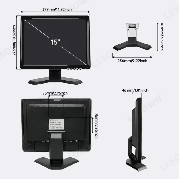 LESOWN 15 pouces petit moniteur PC 1024x768 4:3 300cd/m2 écran tactile industriel écran tactile en option pour caméra de sécurité CCTV PC – Image 3