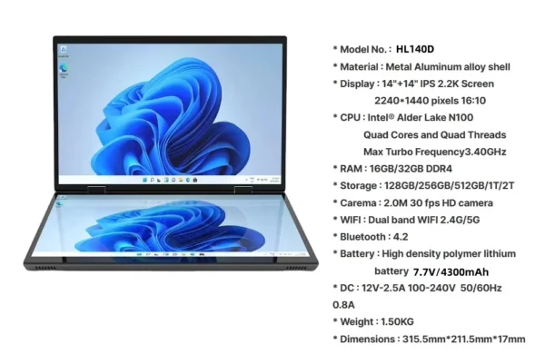 14 pouces + 14 pouces tactile double écran ordinateur portable Intel N100 processeur ordinateur portable de jeu DDR4 16GB 1TB SSD ordinateur portable – Image 10