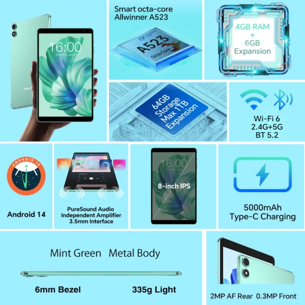 Teclast tablette P85T 8 pouces IPS Android 14 Max 10GB(4GB + 6GB d'extension) RAM 64GB ROM A523 8 cœurs 5000mAh type-c Wi-fi 6 corps métallique – Image 2