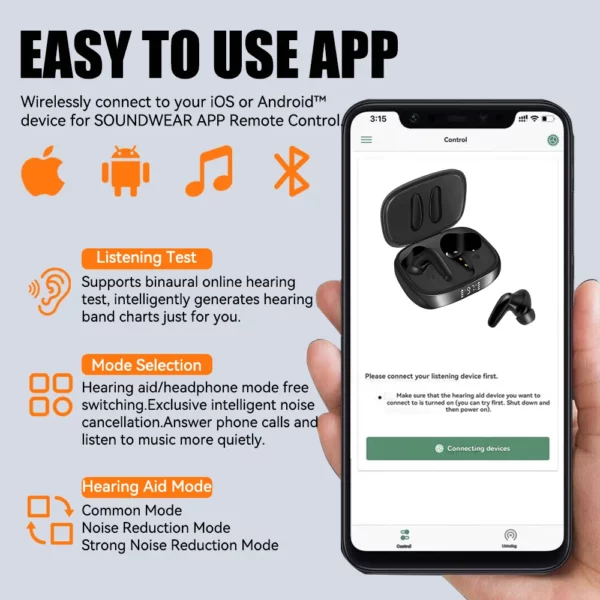 Aides auditives OTC rechargeables, aides auditives Bluetooth pour personnes âgées avec application intelligente, appel iOS/Android, qualité sonore authentique – Image 5