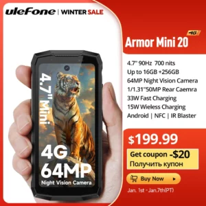 Ulefone Armor mini 20 4G Téléphone robuste avec écran de 4,7 pouces Caméra nocturne 64MP Lumière LED polyvalente Smartphone Android 14 6200mAh 16GBRAM（8+8）256GB ROM 33W