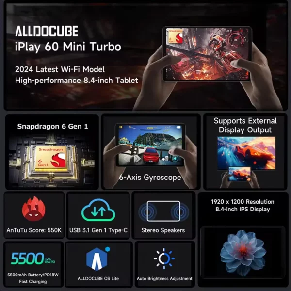 ALLDOCUBE iPlay60 mini tablette Turbo 8.4 pouces Snapdragon 6 GEN1 Android 14 16GB(8GB + 8GB virtuel) RAM 128GB ROM 5500mAh tablette – Image 2