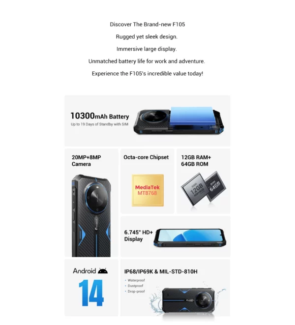 FOSSiBOT F105 Smartphone robuste Android 14 12GB + 64GB téléphone portable 6.745 "HD + écran IPS 20MP caméra 10300mAh téléphone portable – Image 11