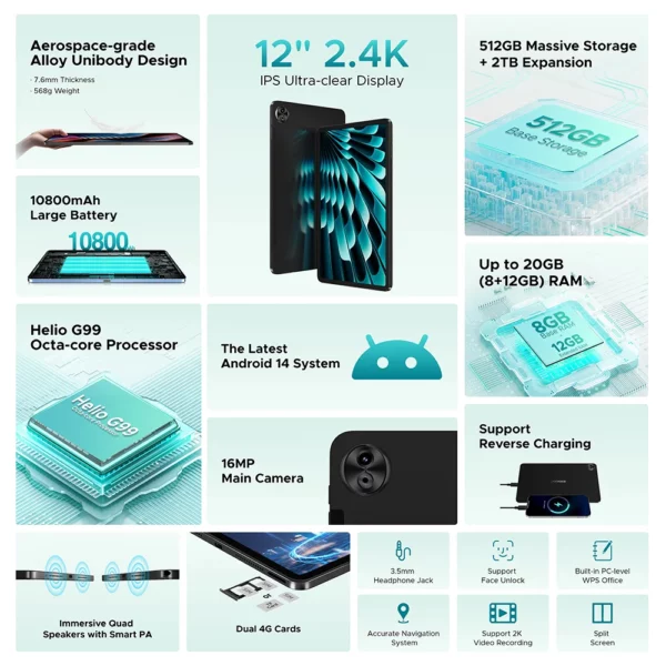 Doogee-Tablette T40 Pro, 12 ", IPS, 2.4K, 20 Go, 8 Go, 512 Go, Android 14, Helio G99, 6nm, 10800mAh, 18W Charge, 7.6mm, Ultra-mince, Première mondiale – Image 2