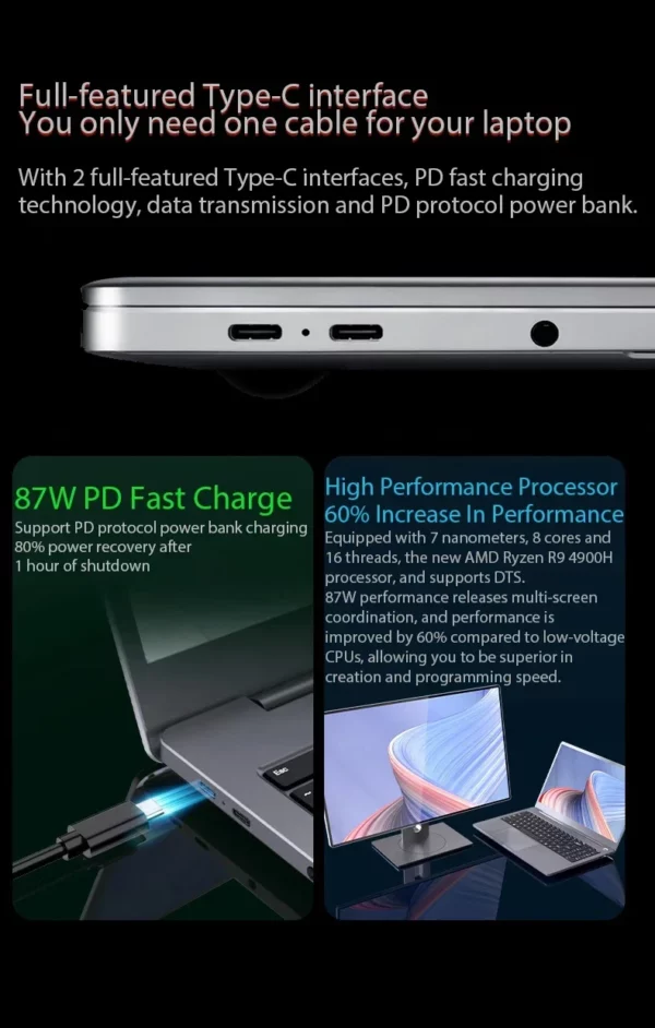 Ordinateur portable Ultrabook Metal Game, ordinateur portable, Max RAM 64 Go, Max 4 To SSD, 2.4G, 5.0G, Bluetooth, AMD Ryzen 7 5700U, Windows 10 11 – Image 18