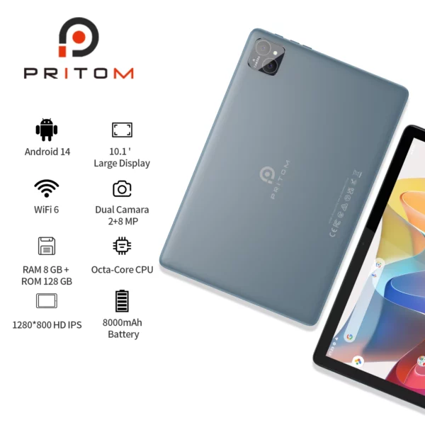 Tablette PRITOM TAB11 Android 14, 10 pouces, Octa-Core, 5G WiFi6, 128 Go, 8000 mAh, écran HD IPS, double caméra, Bluetooth, FM, TYPE C – Image 2