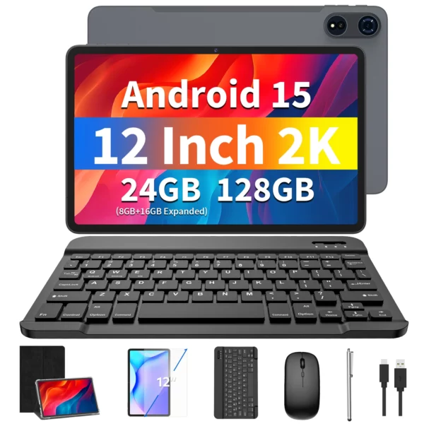2025 Relndoo Nouvelle tablette Android 15 12 pouces, 24 Go (8 + 16 élargies) RAM + 128 Go de ROM, écran HD 2K, processeur T615, double caméra 8 + 16 MP – Image 7