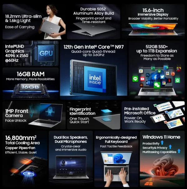 Blackview Acebook 8 ordinateur portable 15.6 ''Win 11 12e génération processeur Intel Core N97 16 Go DDR4 512 Go SSD 5000 mAh batterie avec Charge 36 W – Image 10