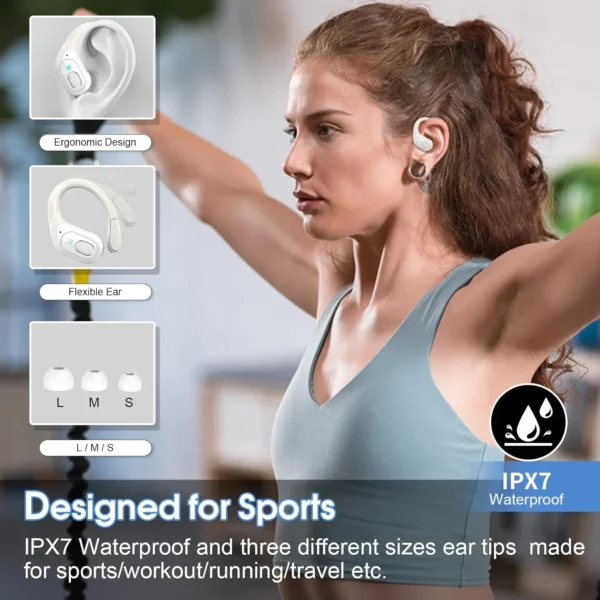 Écouteurs Bluetooth de sport, étanches IPX7, sans fil, 75 heures de musique, avec micro, affichage de puissance LED, crochet d'oreille souple, oreillettes TWS – Image 5