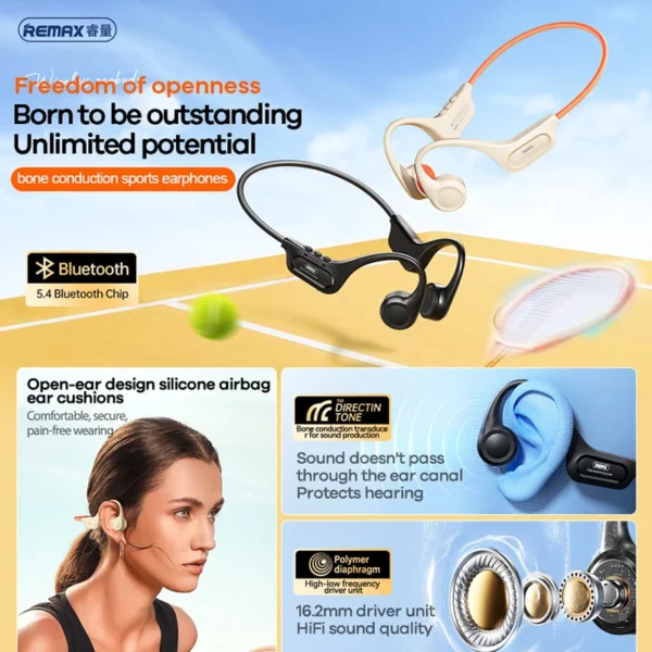 REMAX Conduction osseuse sans fil sport casque Bluetooth 5.4 écouteur IP56 étanche à la poussière ENC réduction du bruit RB-S18 – Image 5