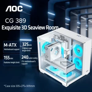 AOC CG389 Gaming MATX boîtier pour ordinateur de bureau châssis d'ordinateur boîtier de pièce vue sur la mer Support en verre incurvé 5 positions de ventilateur 240 refroidissement par eau