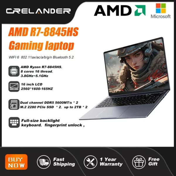 CRELANDER  Ordinateur portable Processeur AMD Ryzen 8845HS 8 cœurs 16 threads 16 pouces LCD 2560 * 1600-165HZ DDR5 Ordinateur portable Ordinateurs portables de jeu
