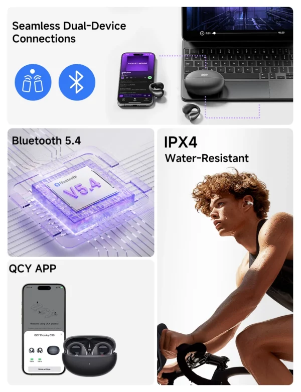 QCY Crossky C30 écouteurs sans fil Bluetooth 5.4 clip d'oreille TWS écouteurs de sport oreille ouverte clip d'oreille double connexion casque – Image 35