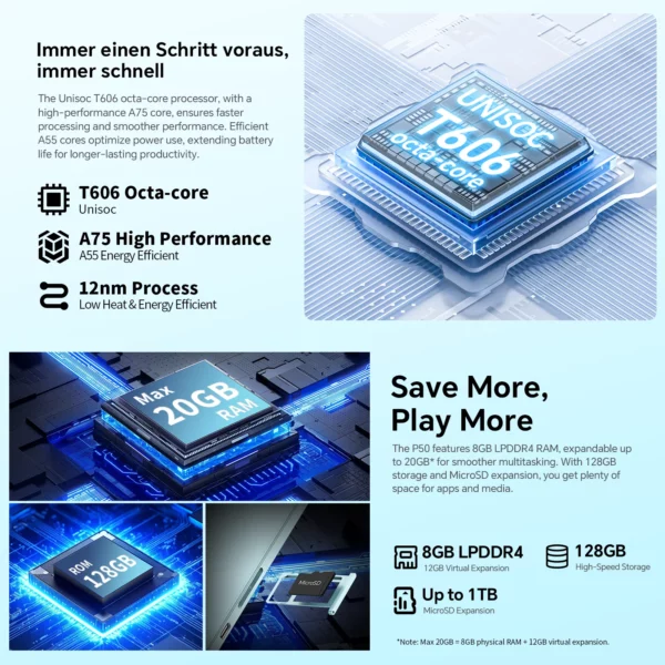 Teclast P50 2025 tablette Android 15 11 "IPS 90Hz 20GB(8GB + 12GB) RAM 128GB ROM T606 8 cœurs 7000mAh 4G LTE GPS Widevine L1 type-c – Image 4
