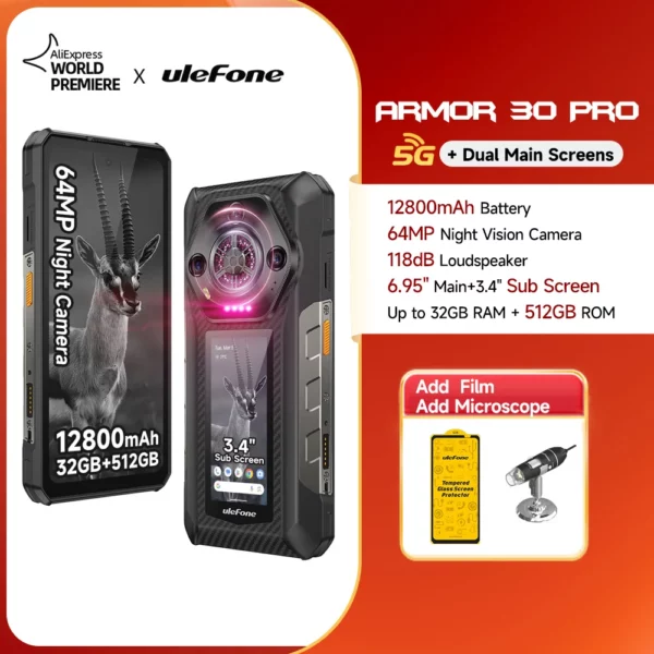 【Première mondiale】Ulefone Armor 30 Pro 5G Téléphone robuste Android 14 Smartphone 6,9" 120Hz 32GB+512GB 12800mAh Caméra nocturne 64MP NFC MTK Dimensity 7300X 66W Téléphone portable – Image 7