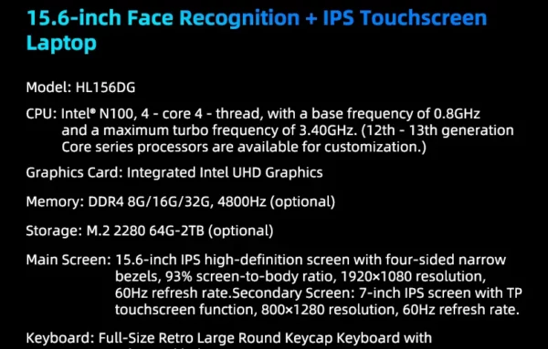 Ordinateur portable professionnel à reconnaissance faciale à double écran de 15,6 pouces + 7 pouces, RAW 32 Go SSD 2 To DDR4, 180 °   écran tactile haute définition rétroéclairé – Image 38