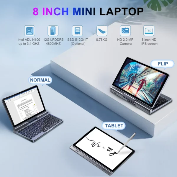 CRELANDER P8 Mini ordinateur portable de jeu 8 pouces écran tactile Intel Alder Lake N150 12GB DDR5 Windows 11 WiFi 6 petit ordinateur portable de poche – Image 3