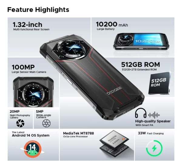 Doogee-Téléphone robuste S119, écran IPS FHD + 6.72 ", 8 Go, 512 Go, caméra principale AI 100MP, batterie 10200mAh, 33W, Android 14, NDavid, première mondiale – Image 12