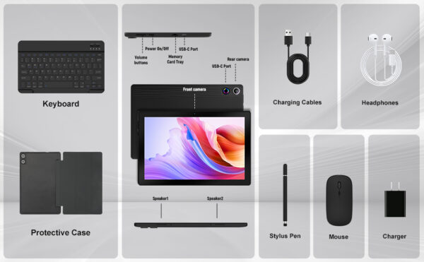 URAO – tablette Android 11 pouces, 14 go de RAM, 64 go de ROM, 6800mAh, écran tactile IPS HD, avec étui de protection pour clavier, stylet de souris, Kit 8 en 1 – Image 12